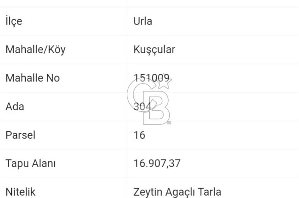 Urla Kuşçular'da Satılık 16.907,37 m2 Arazi