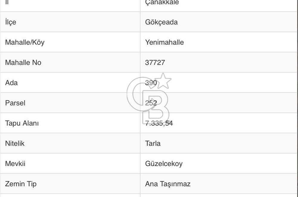 Gökçeada Yeni mahalle Güzelce Koyunda Satılık 7335 M2 Tarla