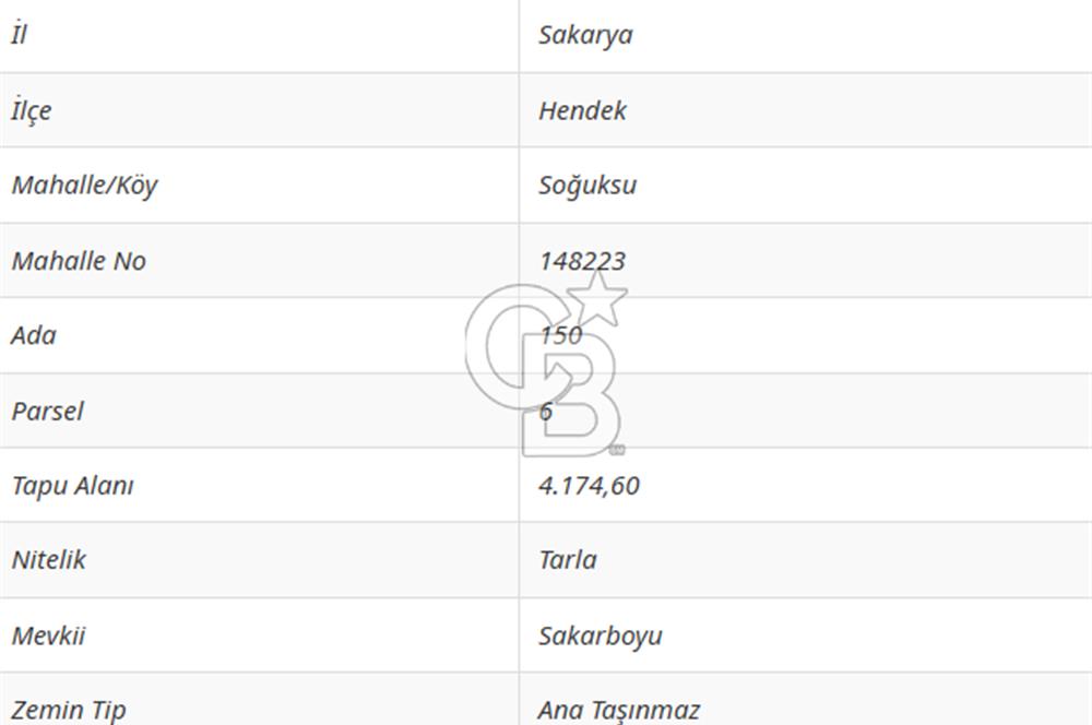 HENDEK SOĞUKSU DA SATILIK 11984 METREKARE TARLA