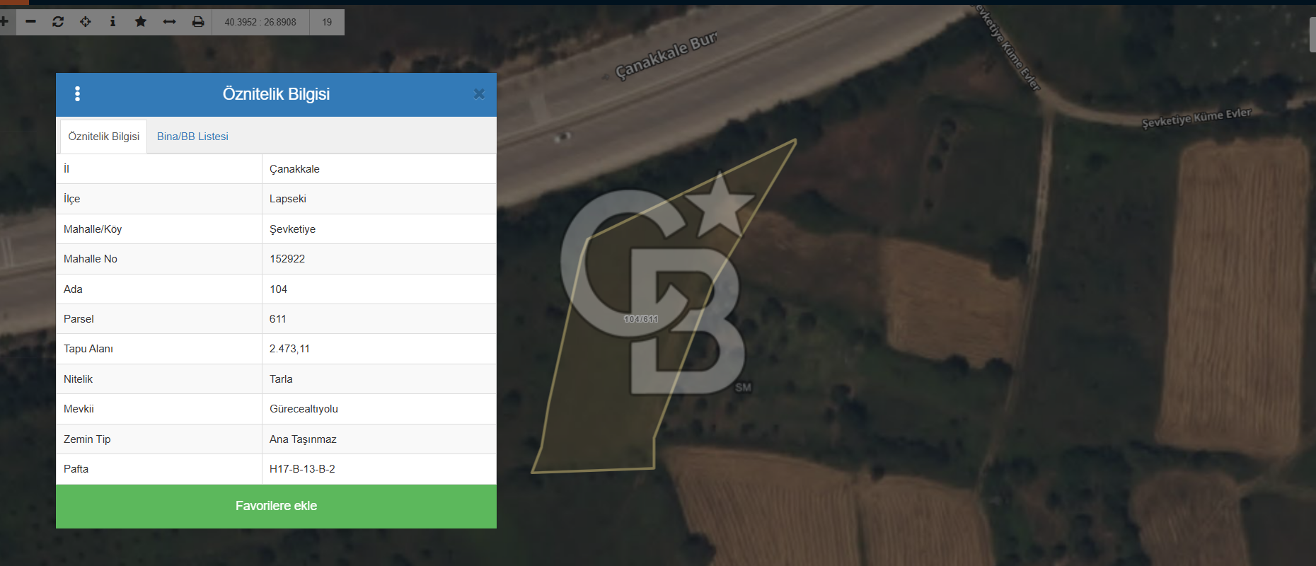 ÇANAKKALE LAPSEKİ ŞEVKETİYE’DE 1/3 HİSSELİ  SATILIK TARLA