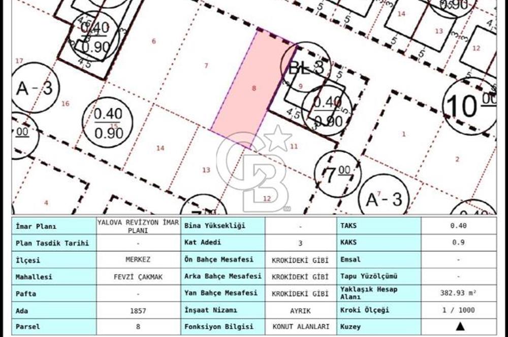  YALOVA MERKEZ FEVZİÇAKMAK DA SATILIK 3 KAT İMARLI 383M2 ARSA!