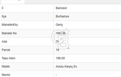 CB KİNG'DEN BURHANİYE/GERİŞ MAH. 3 KAT İMARLI SATILIK ARSA