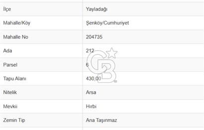 YAYLADAĞI-ŞENKÖY'DE 430 m2 *İMARLI* MÜSTAKİL SATILIK ARSA