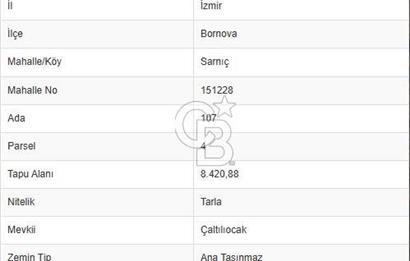BORNOVA SARNIÇKÖY 8.420 m² TEK PARSEL SATILIK TARLA