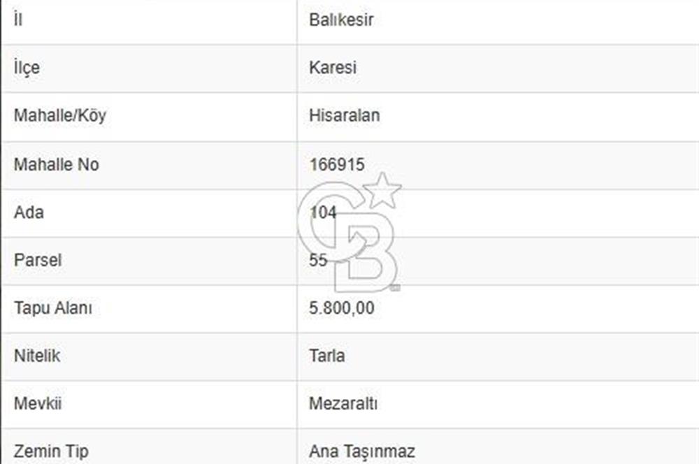 COLDWELL BANKASI LİDER DAN KARESİ HİSARALANDA SATILIK TARLA