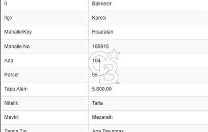 COLDWELL BANKASI LİDER DAN KARESİ HİSARALANDA SATILIK TARLA