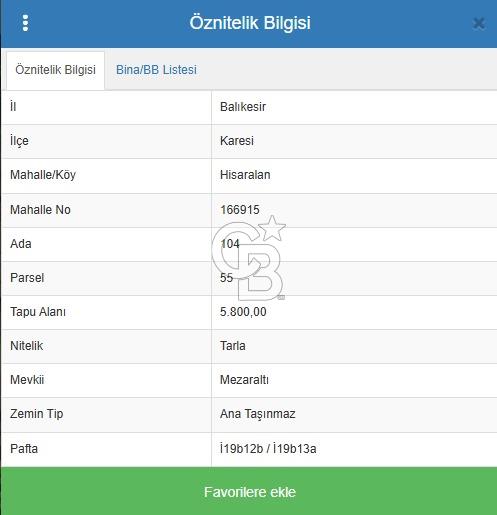 COLDWELL BANKASI LİDER DAN KARESİ HİSARALANDA SATILIK TARLA
