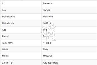 COLDWELL BANKASI LİDER DAN KARESİ HİSARALANDA SATILIK TARLA - 1 - 330707