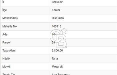 COLDWELL BANKASI LİDER DAN KARESİ HİSARALANDA SATILIK TARLA