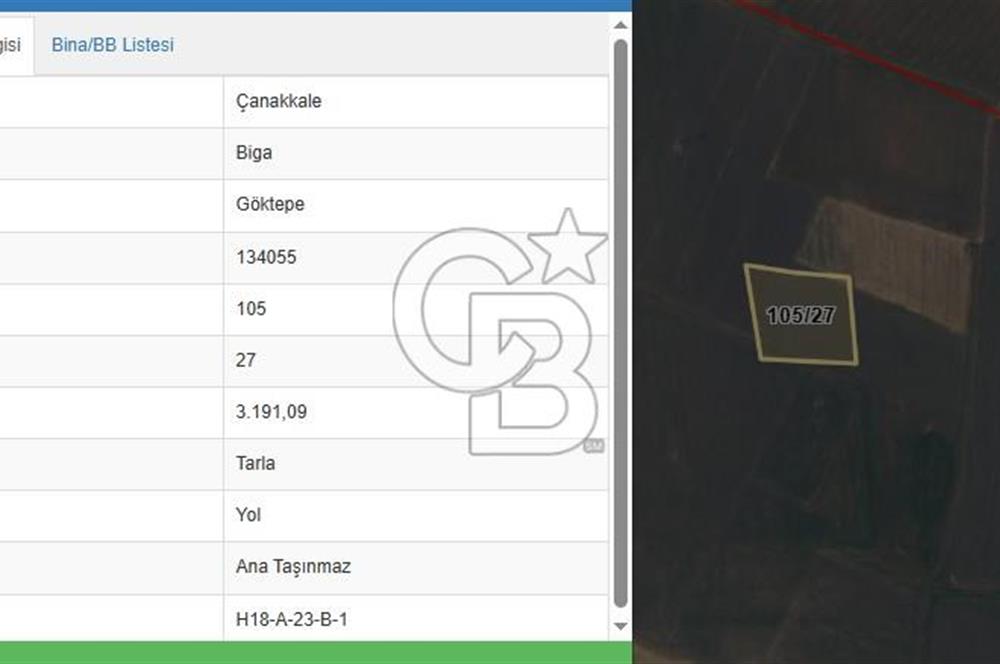 ÇANAKKALE BİGA GÖKTEPE KÖYÜNDE SATILIK 3191 M2 TARLA