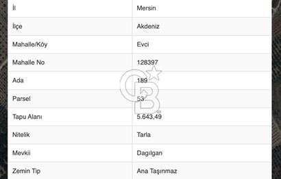 Mersin Akdeniz Evci Mahallesinde 5643 m2 Yatırımlık Arazi