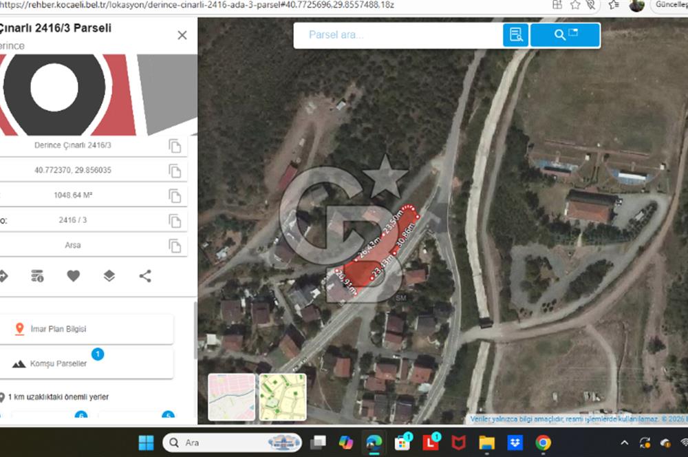 DERİNCE ÇINARLI MERSİNCİK SATILIK %30 İMARLI SATILIK KÖŞE PARSEL