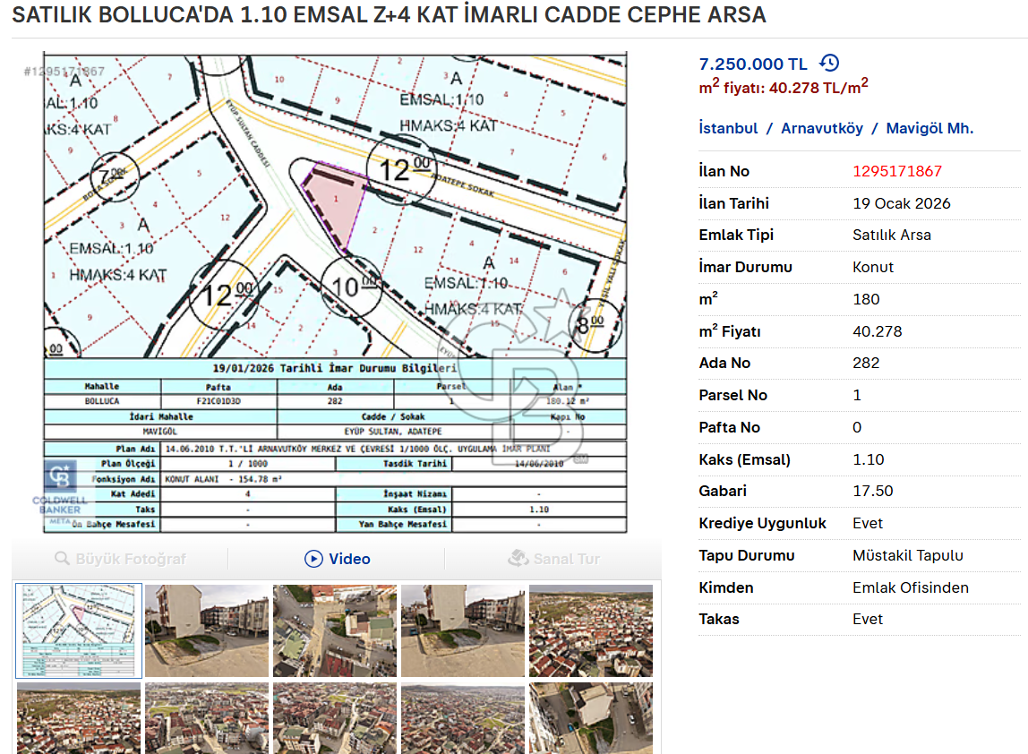 SATILIK BOLLUCA'DA 1.10 EMSAL Z+4 KAT İMARLI CADDE CEPHE ARSA