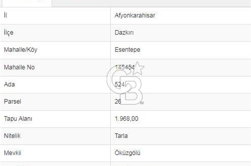Afyon-Dazkırı Esentepe Mah.Başmakçı Yolu Yanı 1.968 m² Fırsat Satılık Tarla