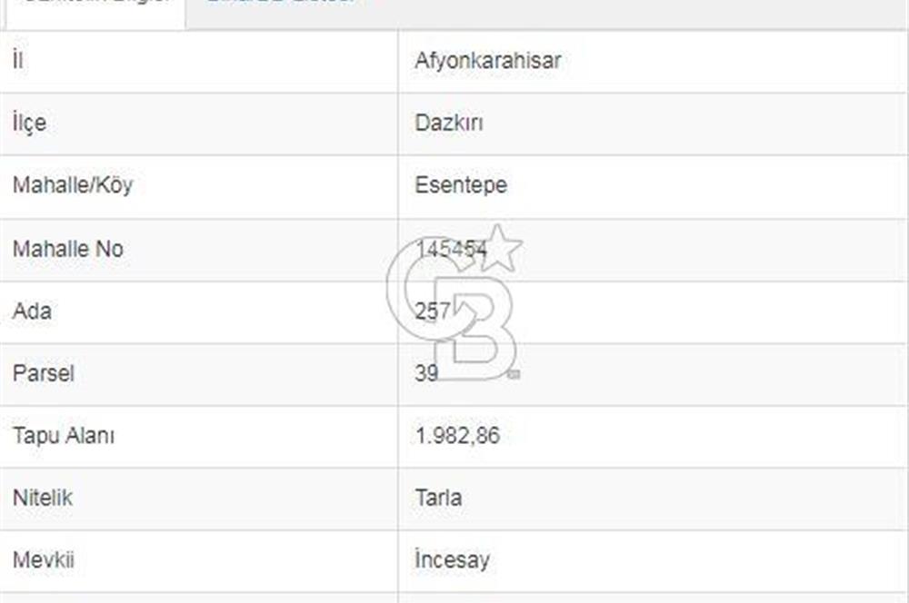 Afyon-Dazkırı Esentepe Mah.İncesay Mevkiinde 1.982 m² Satılık Tarla