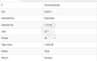 Afyon-Dazkırı Esentepe Mah.İncesay Mevkiinde 1.982 m² Satılık Tarla
