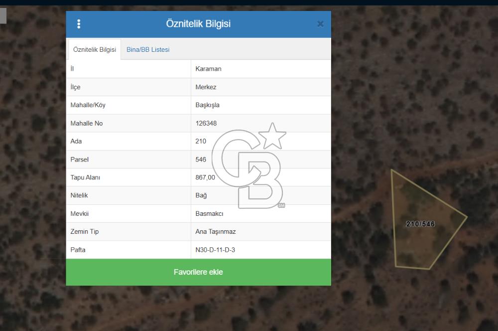 MUSELAND-KARAMAN DA YATIRIMLIK SATILIK BAĞ 867M2 LİK 