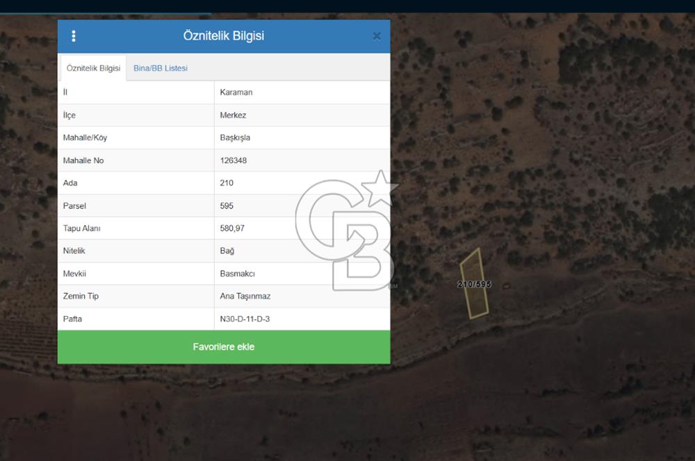 MUSELAND-KARAMAN BAŞKIŞLA DA SATILIK 580M2 BAĞ