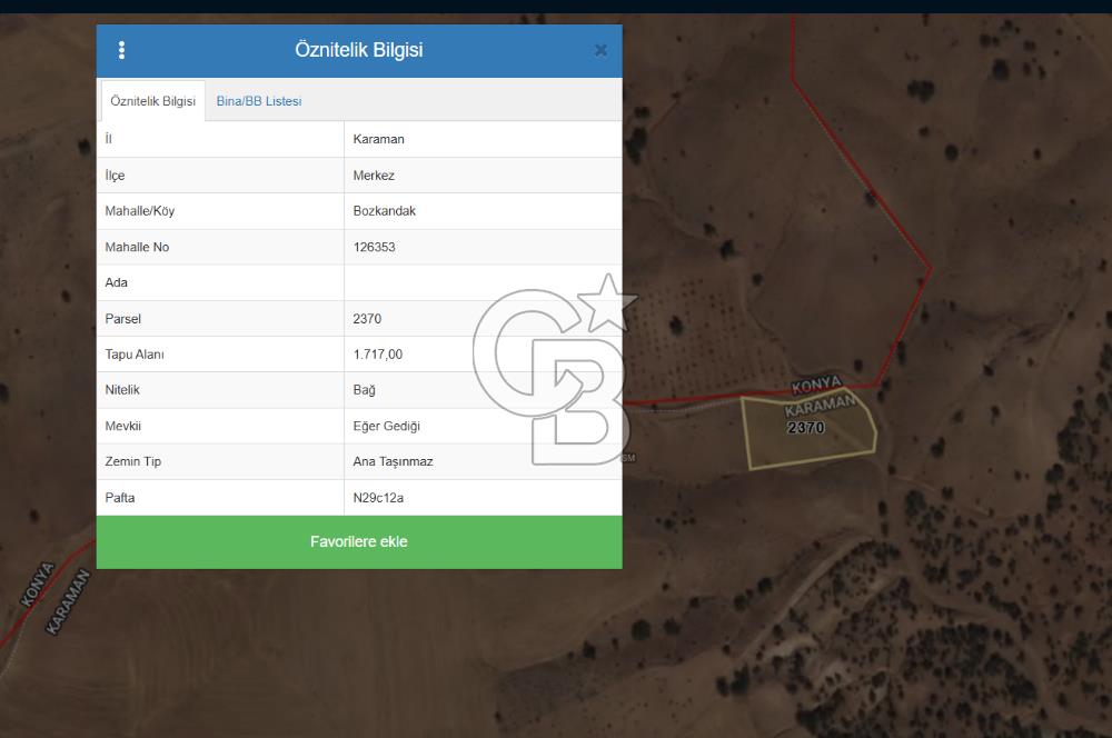 MUSELAND-KARAMAN BOZKANDAK DA 1717M2 SATILIK BAĞ