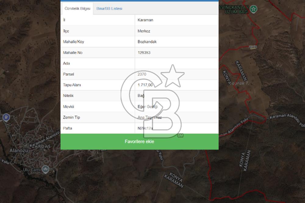 MUSELAND-KARAMAN BOZKANDAK DA 1717M2 SATILIK BAĞ