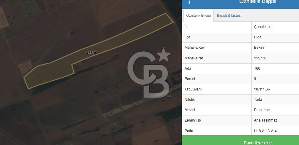 ÇANAKKALE BİGA BEKİRLİ 18.111 M2 SATILIK KADASTRO YOLU OLAN  TARLA