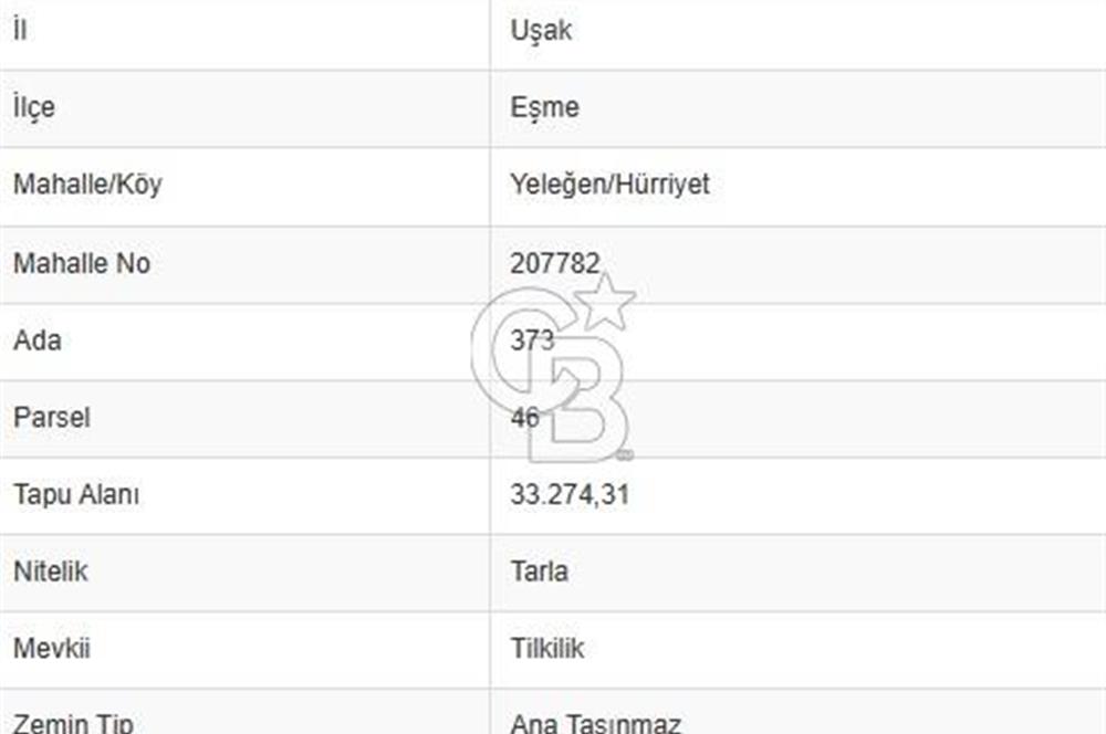 Uşak Eşme Yeleğen'de 33 Dönüm Yola Sıfır Tarla