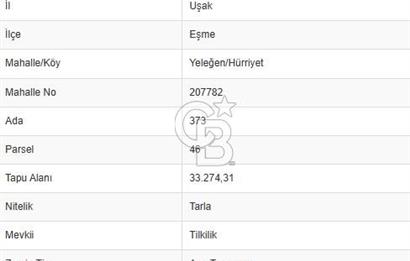 Uşak Eşme Yeleğen'de 33 Dönüm Yola Sıfır Tarla