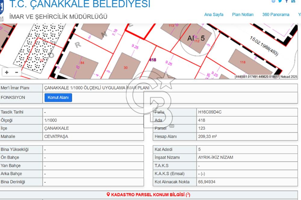 ÇANAKKALE MERKEZ CEVATPAŞA MAHALLESİNDE KAT KARŞILI ARSA