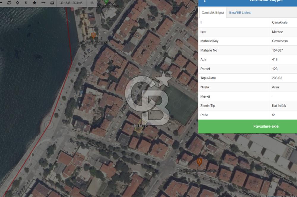 ÇANAKKALE MERKEZ CEVATPAŞA MAHALLESİNDE KAT KARŞILI ARSA