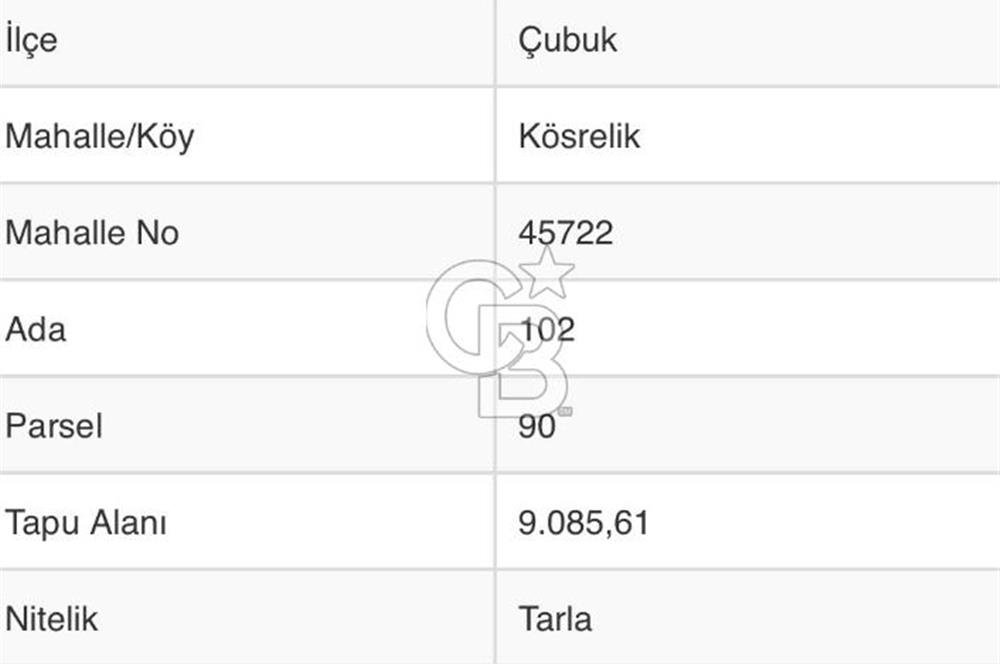 ANKARA ÇUBUKTA 9085 METRE KARE SATILIK MÜSTAKİL TARLA