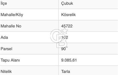 ANKARA ÇUBUKTA 9085 METRE KARE SATILIK MÜSTAKİL TARLA