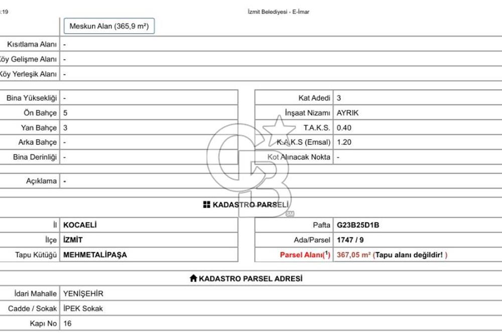 İzmit Mehmetalipaşa'da 3 kat imarlı 367 m2 arsa