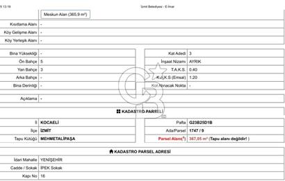 İzmit Mehmetalipaşa'da 3 kat imarlı 367 m2 arsa