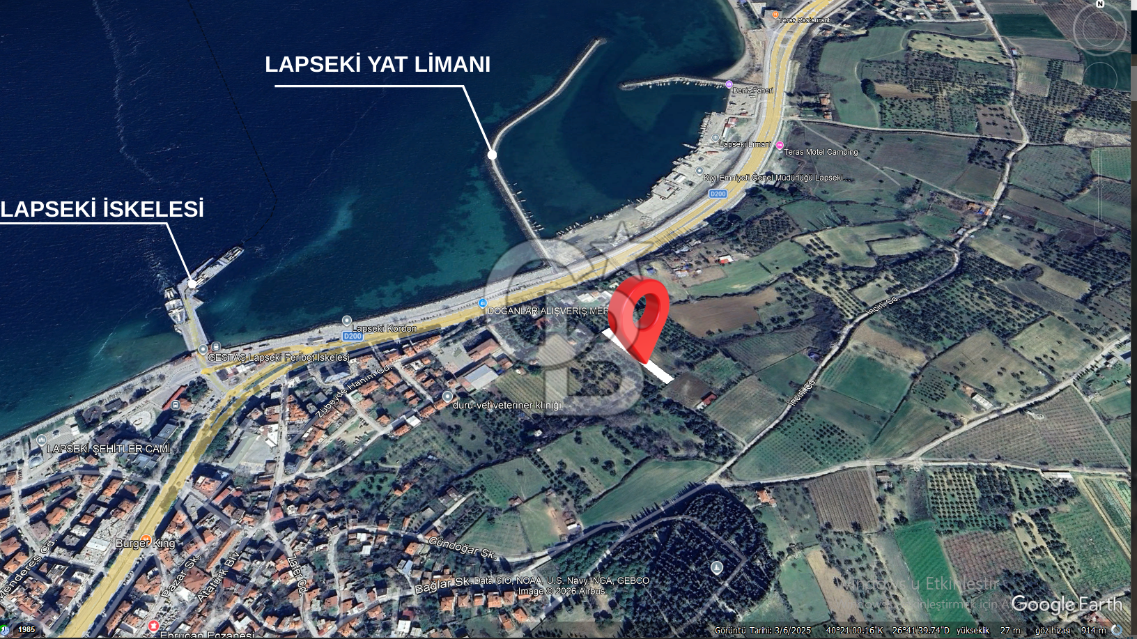 ÇANAKKALE LAPSEKİDE BOĞAZ VE KÖPRÜ MANZARALI SATILIK TARLA