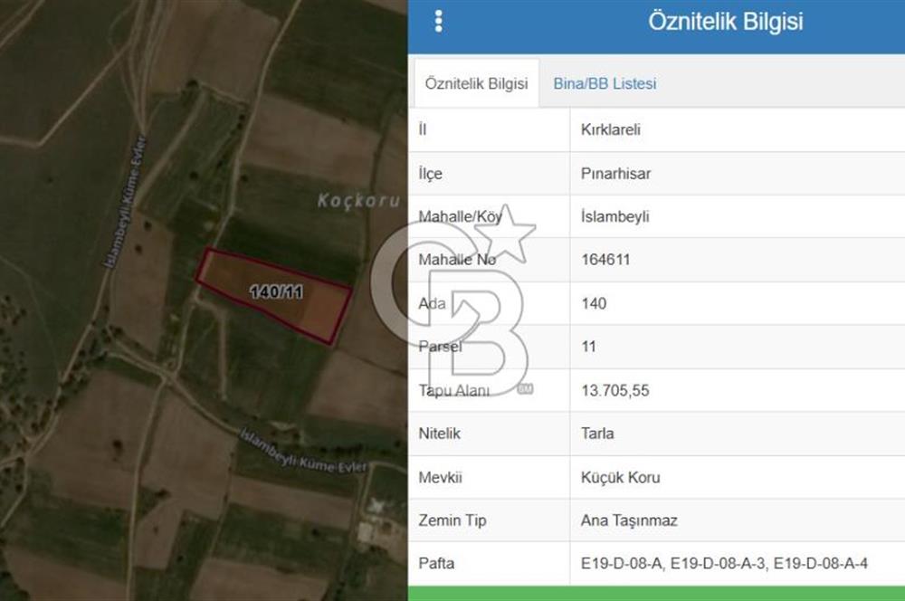 Kırklareli, Pınarhisar İslambeyli’de Satılık 13.705 m2 Tarla.