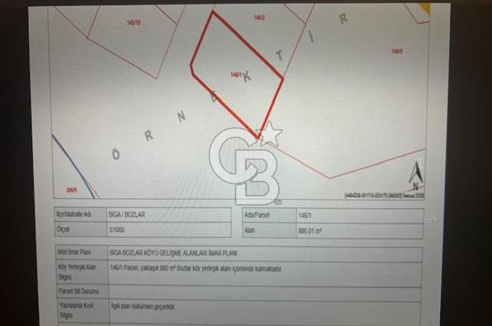 Çanakkale Biga Bozlar Köyünde 880m2 İmarlı Arsa