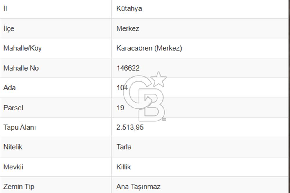 CB CITY' DEN KÜTAHYA/MERKEZ KARACAÖREN MAH SATILIK TARLA