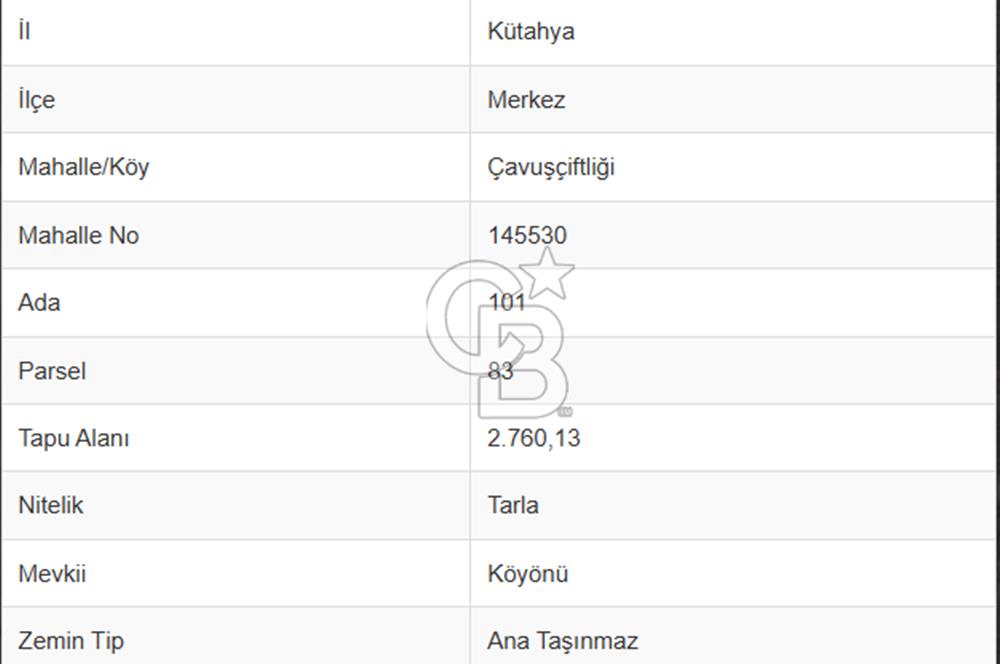CB CITY' DEN KÜTAHYA/MERKEZ ÇAVUŞÇİFTLİĞİ MAH SATILIK TARLA