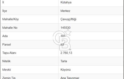 CB CITY' DEN KÜTAHYA/MERKEZ ÇAVUŞÇİFTLİĞİ MAH SATILIK TARLA