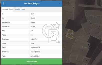 UŞAK SİVASLI KÖKEZ KÖYÜNDE 9.643 M2 SATILIK TARLA CB PH