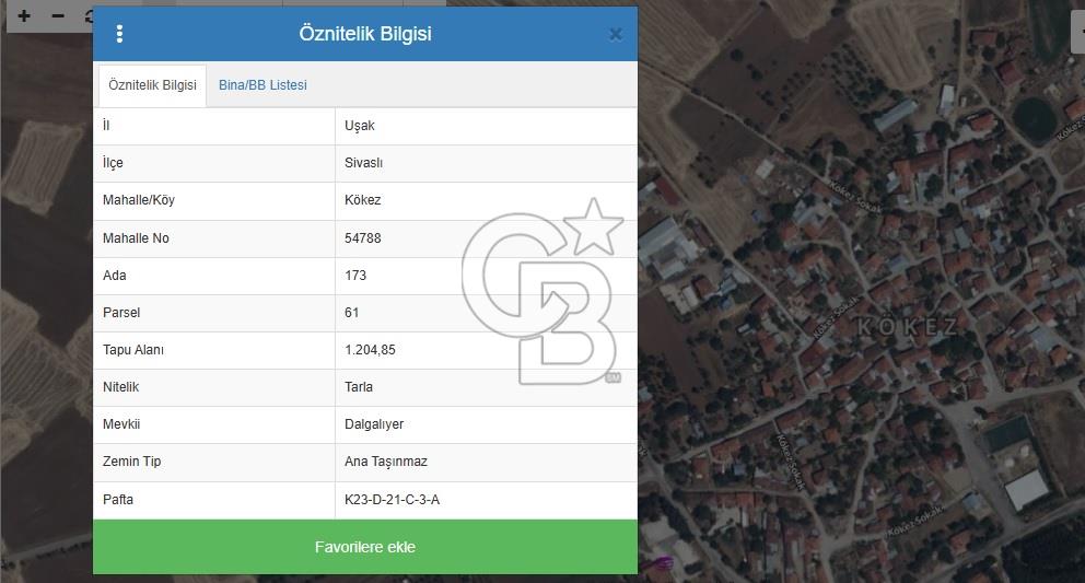 UŞAK SİVASLI KÖKEZ KÖYÜNDE 1.204 M2 SATILIK TARLA CB PH 