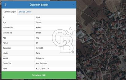 UŞAK SİVASLI KÖKEZ KÖYÜNDE 1.204 M2 SATILIK TARLA CB PH 