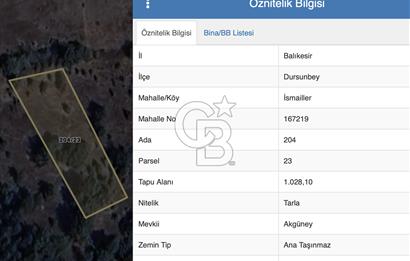 BALIKESİR DURSUNBEY İSMAİLLER DE 1.028 M2 SATILIK TARLA