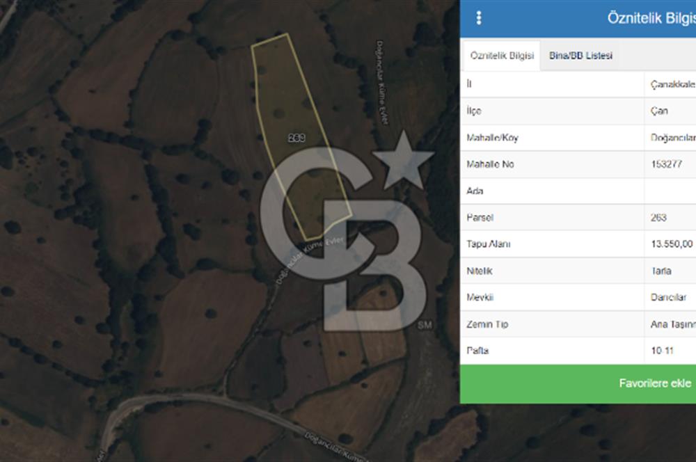 Çanakkale Çan Doğancılar Köyü'nde 13.550 m² Satılık Tarla