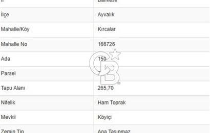 AYVALIK KIRCALAR KÖYİÇİNDE 266 m² ARSA