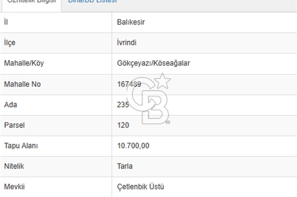 CB KİNG'DEN İVRİNDİ/GÖKÇEYAZI MAHALLESİ 10700 m² SATILIK TARLA