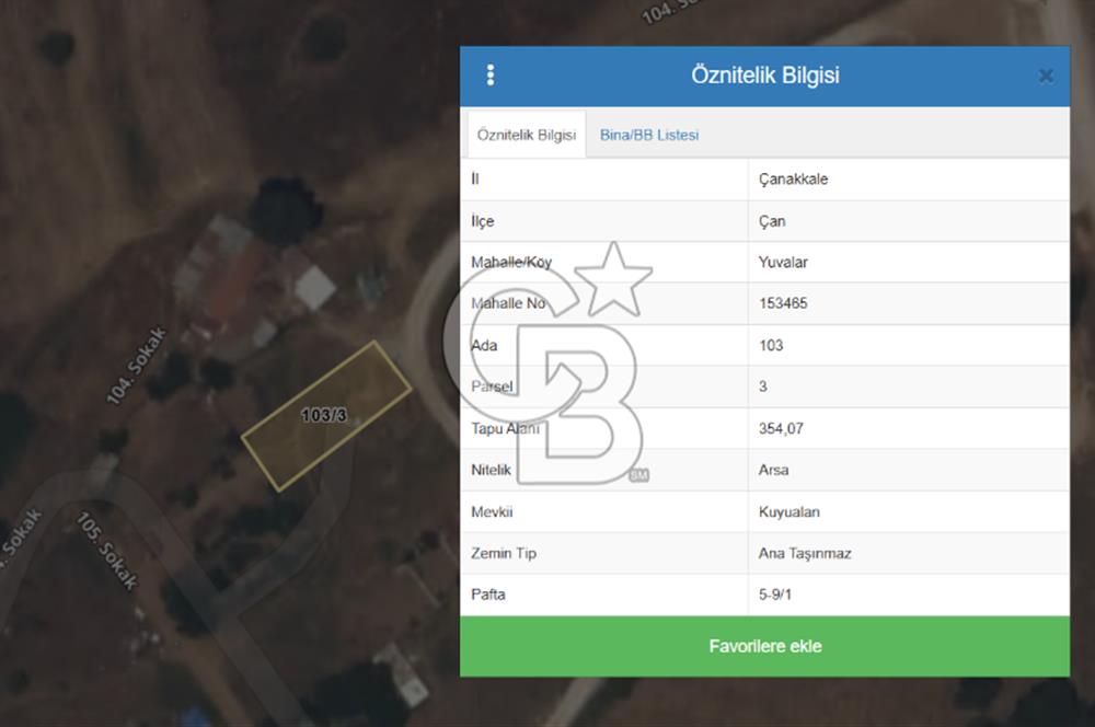 Çanakkale Çan Yuvalar Satılık Villa İmarlı 354 M2 Arsa