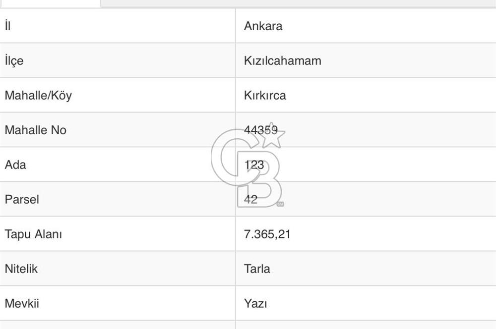 KIZILCAHAMAM KIRKIRCA MAHALLESİNDE 7356 M2 SATILIK TARLA