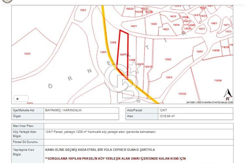 ÇANAKKALE BAYRAMİÇ KARINCALIK KÖY İÇİ İMARLI SATILIK ARSA