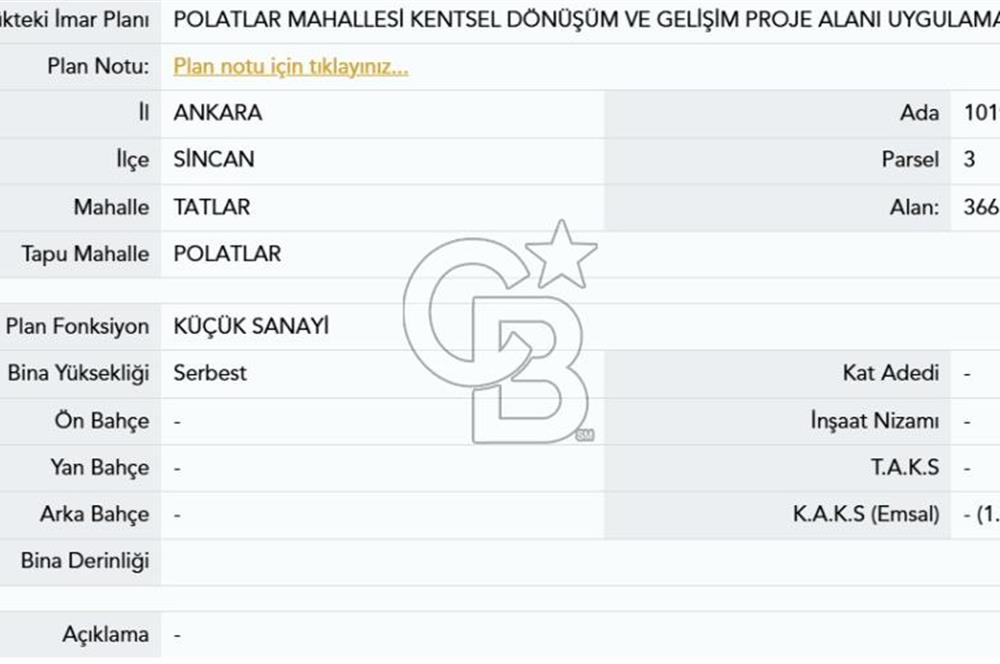 SİNCAN POLATLAR DA SATILIK 2291 m² SANAYİ İMARLI ARSA HİSSESİ